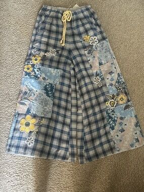 Free People Blue Plaid A-Line Skirt with Yellow Floral Patchwork